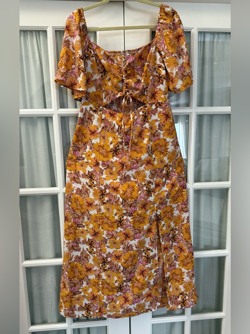 Amazon Floral Tie-Front Midi Dress in Mustard and Cream with Pink Accents